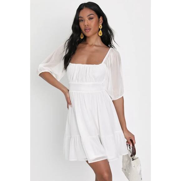 Lulus “Ethereal Arrival” White Puff Sleeve Tie-Back Chiffon Mini Dress Large NWT - Picture 1 of 7